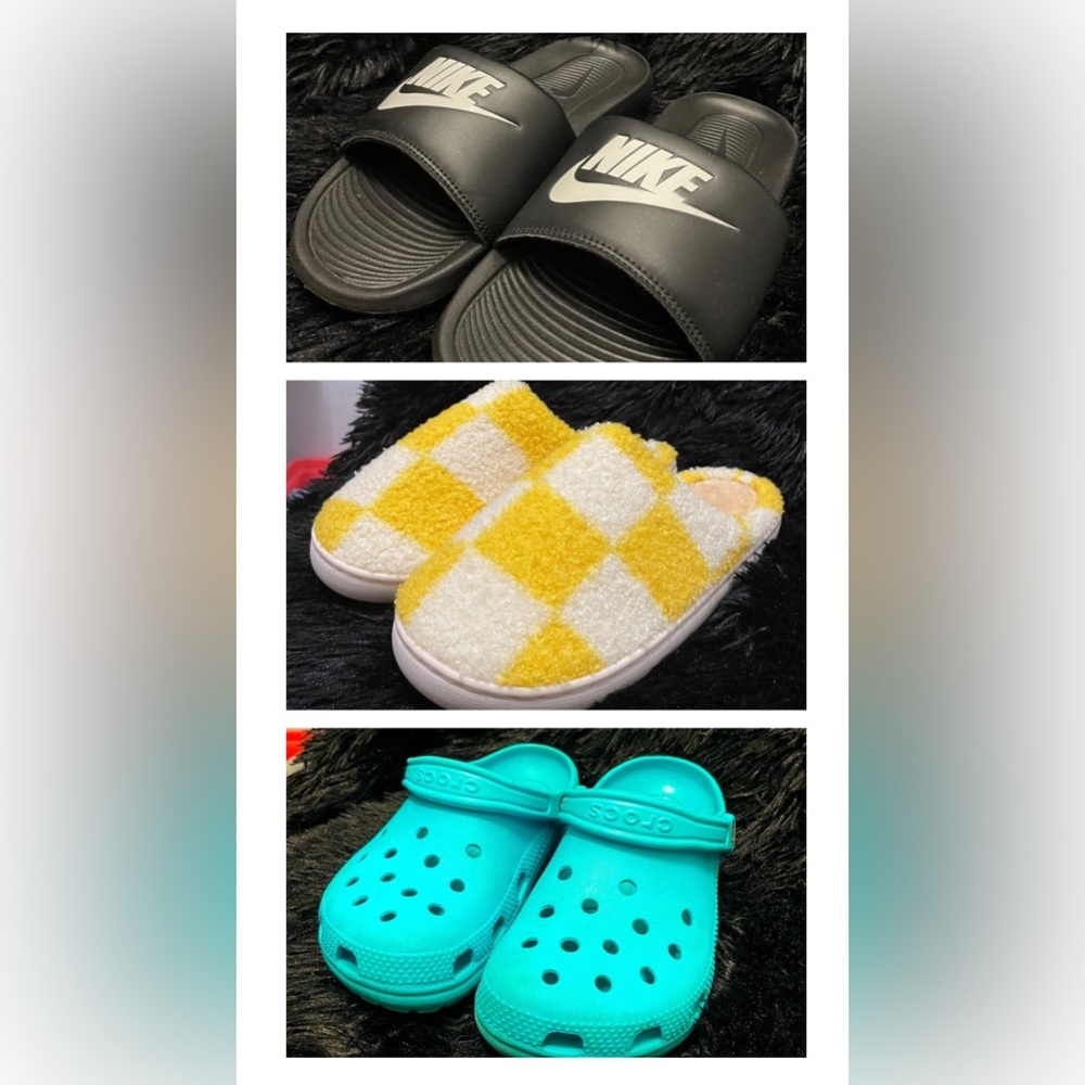 BUNDLE WOMANS SIZE 7 SHOES, Nike slides, Crocs, and Checkered slippers!!